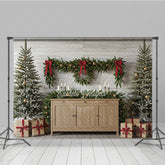 Lofaris Farmhouse Christmas Photography Backdrop Rustic Wood Console with Flocked Trees Holiday Mini Session Background